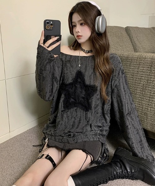 セール】ダメージ スター ルーズ トップス ギャザー デザイン 韓国