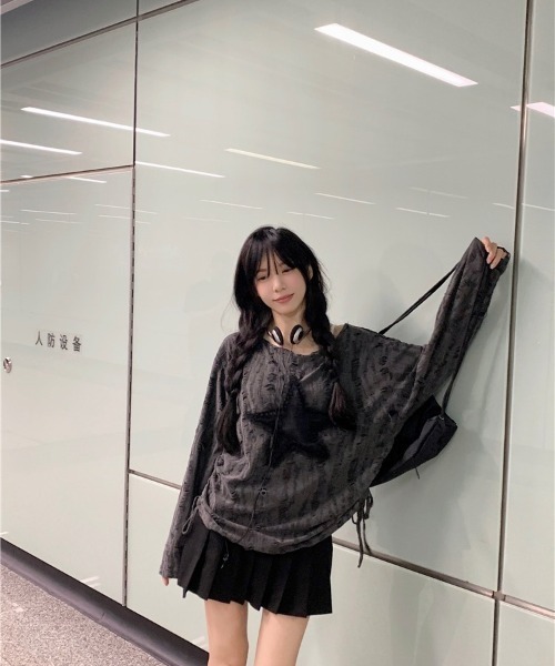 セール】ダメージ スター ルーズ トップス ギャザー デザイン 韓国