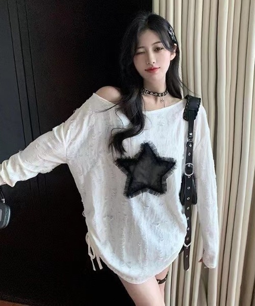 DEVICE(デバイス)の「ダメージ スター ルーズ トップス ギャザー デザイン 韓国 ストリート y2k 古着風 長袖 Tシャツ ロンT(Tシャツ/カットソー・レディース・チャコールグレー/ホワイト・FREE)」の13枚目の写真