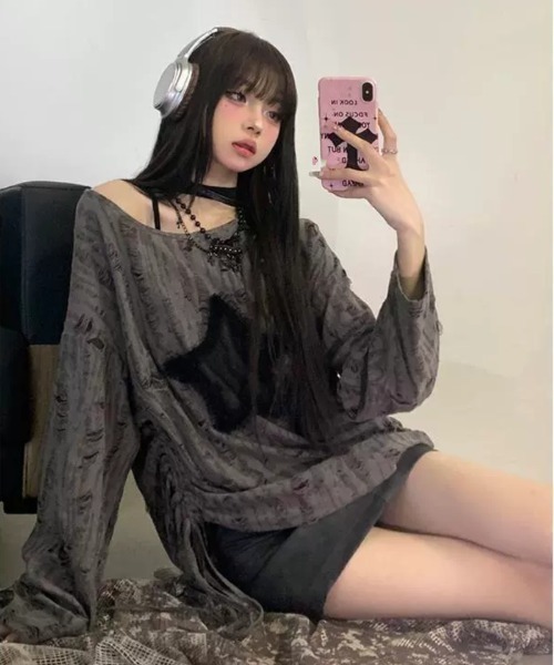 ダメージ スター ルーズ トップス ギャザー デザイン 韓国 ストリート