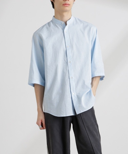 NANO universe（ナノユニバース）の「クールマックスリネンバンドカラー7分袖（シャツ/ブラウス・メンズ・サックスブルー/ホワイト/ライトカーキ/ネイビー・S/M/L/XL）」の4枚目の写真