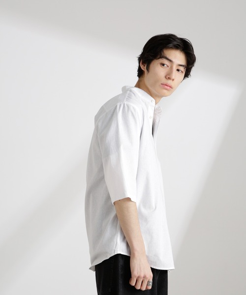 NANO universe（ナノユニバース）の「クールマックスリネンバンドカラー7分袖（シャツ/ブラウス・メンズ・サックスブルー/ホワイト/ライトカーキ/ネイビー・S/M/L/XL）」の6枚目の写真