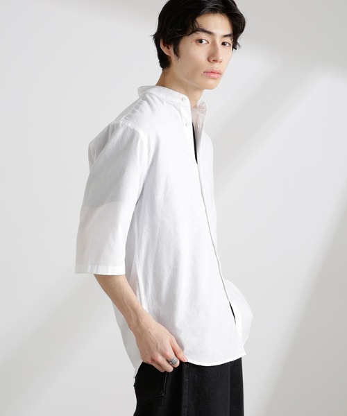 NANO universe（ナノユニバース）の「クールマックスリネンバンドカラー7分袖（シャツ/ブラウス・メンズ・サックスブルー/ホワイト/ライトカーキ/ネイビー・S/M/L/XL）」の5枚目の写真