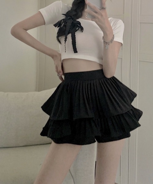 Mejoul（メジュール）の「プリーツティアードミニスカパン（スカート・レディース・ピンク/ホワイト/ブラック・M/S）」の19枚目の写真