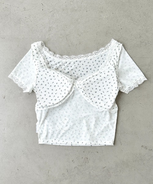 セール】カップ付き小花柄レーストップス（Tシャツ/カットソー