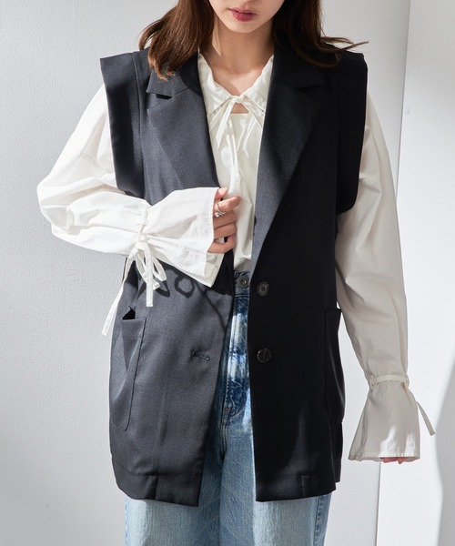 MAISON BREEZE(メゾンブリーズ)の「【MAISON BREEZE】リネンタッチテーラードジレ XNN(ベスト・レディース・グレイッシュベージュ/ブラック・FREE)」の3枚目の写真