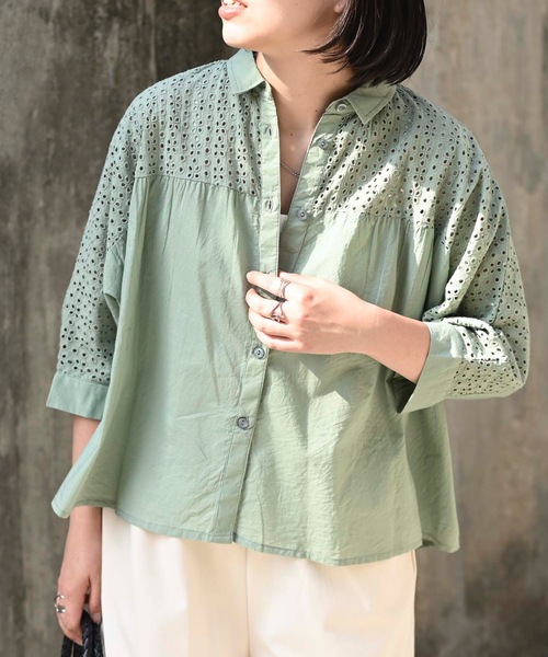 ブラウス シャツ フロント刺繍使いブラウス(インド綿.インドコットン.コットン100%，綿100%） レディース ＆HALF ブラウス シャツ フロント刺繍使いブラウス(インド綿