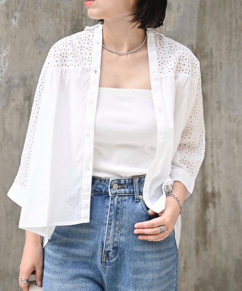 ブラウス シャツ フロント刺繍使いブラウス(インド綿.インドコットン.コットン100%，綿100%） レディース ＆HALF ブラウス シャツ フロント刺繍使いブラウス(インド綿