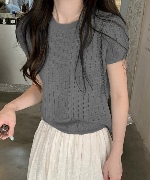 WESTSEA(ウエストシー)の「透かし編みニットプルオーバー 半袖 リブ サマーニット シアーニット(ニット/セーター・レディース・ブラック/グレー/グリーン/アイボリー・FREE)」の3枚目の写真