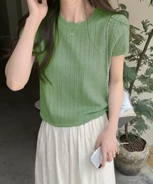 透かし編みニットプルオーバー 半袖 リブ サマーニット シアーニット