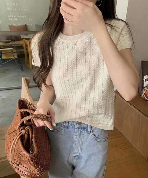 WESTSEA(ウエストシー)の「透かし編みニットプルオーバー 半袖 リブ サマーニット シアーニット(ニット/セーター・レディース・ブラック/グレー/グリーン/アイボリー・FREE)」の6枚目の写真