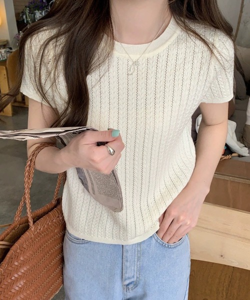 WESTSEA(ウエストシー)の「透かし編みニットプルオーバー 半袖 リブ サマーニット シアーニット(ニット/セーター・レディース・ブラック/グレー/グリーン/アイボリー・FREE)」の7枚目の写真