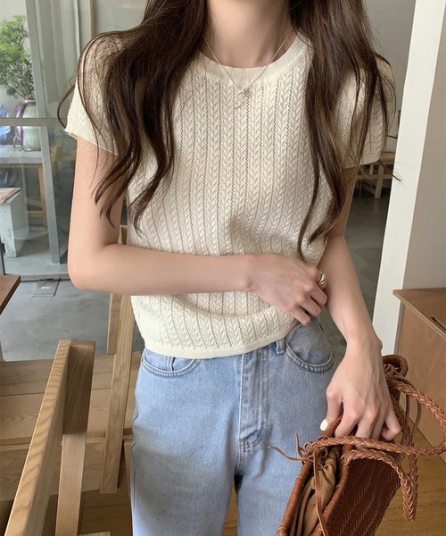 WESTSEA(ウエストシー)の「透かし編みニットプルオーバー 半袖 リブ サマーニット シアーニット(ニット/セーター・レディース・ブラック/グレー/グリーン/アイボリー・FREE)」の9枚目の写真