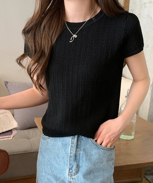 WESTSEA(ウエストシー)の「透かし編みニットプルオーバー 半袖 リブ サマーニット シアーニット(ニット/セーター・レディース・ブラック/グレー/グリーン/アイボリー・FREE)」の11枚目の写真