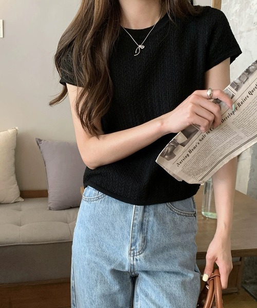WESTSEA(ウエストシー)の「透かし編みニットプルオーバー 半袖 リブ サマーニット シアーニット(ニット/セーター・レディース・ブラック/グレー/グリーン/アイボリー・FREE)」の12枚目の写真