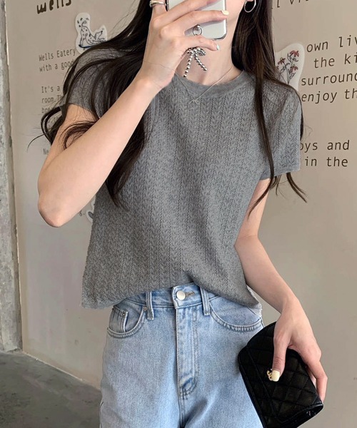WESTSEA(ウエストシー)の「透かし編みニットプルオーバー 半袖 リブ サマーニット シアーニット(ニット/セーター・レディース・ブラック/グレー/グリーン/アイボリー・FREE)」の16枚目の写真