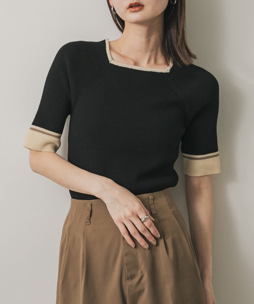 SENSE OF PLACE by URBAN RESEARCH（センスオブプレイスバイアーバンリサーチ）の「スクエアネックバイカラーコンパクトセーター（ニット/セーター・レディース・ブラック/グリーン/アイボリー・ONE）」の3枚目の写真