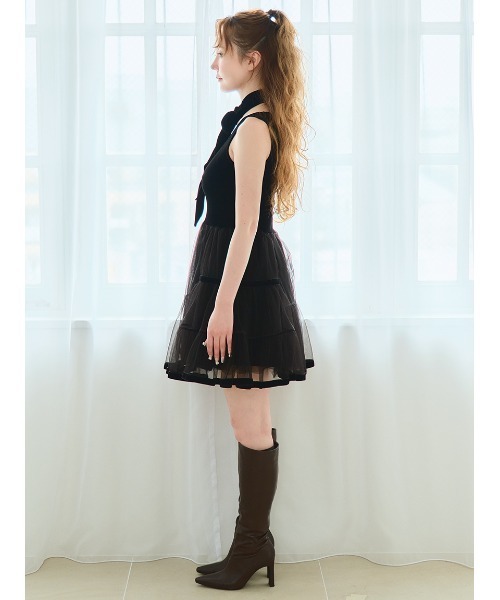 Stylevoice for xxx(スタイルヴォイスフォー)の「<木村りかこさんコラボ>リボン付きベロアチュールドッキングミニワンピース(ワンピース・レディース・ブラック・FREE)」の13枚目の写真