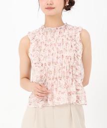 小花柄シャーリングノースリブラウス