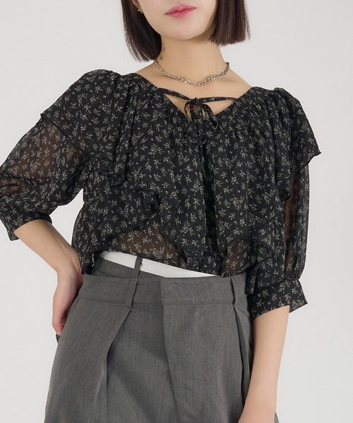 Ambre Neige（アンブルネージュ）の「2way Sheer frill ruffle blouse / 2wayシアーフリルラッフルブラウス（シャツ/ブラウス・レディース・ブラック/アイボリー/ベビーピンク・FREE）」の3枚目の写真
