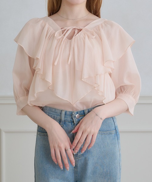 Ambre Neige（アンブルネージュ）の「2way Sheer frill ruffle blouse / 2wayシアーフリルラッフルブラウス（シャツ/ブラウス・レディース・ブラック/アイボリー/ベビーピンク・FREE）」の12枚目の写真