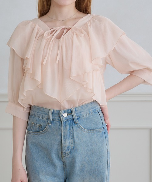 Ambre Neige（アンブルネージュ）の「2way Sheer frill ruffle blouse / 2wayシアーフリルラッフルブラウス（シャツ/ブラウス・レディース・ブラック/アイボリー/ベビーピンク・FREE）」の13枚目の写真