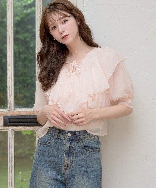 Ambre Neige（アンブルネージュ）の「2way Sheer frill ruffle blouse / 2wayシアーフリルラッフルブラウス（シャツ/ブラウス・レディース・ブラック/アイボリー/ベビーピンク・FREE）」の22枚目の写真
