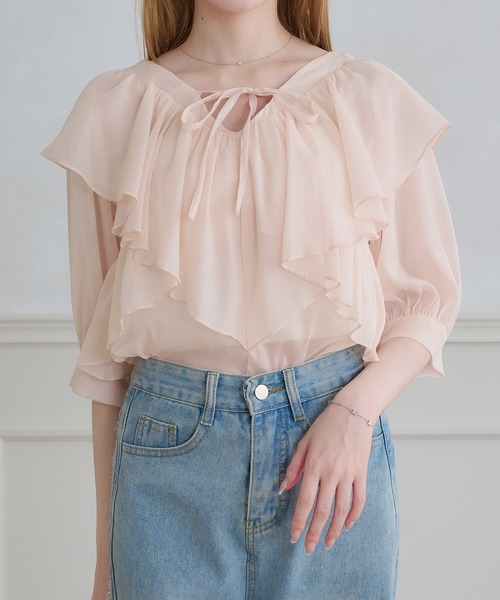 Ambre Neige（アンブルネージュ）の「2way Sheer frill ruffle blouse / 2wayシアーフリルラッフルブラウス（シャツ/ブラウス・レディース・ブラック/アイボリー/ベビーピンク・FREE）」の18枚目の写真