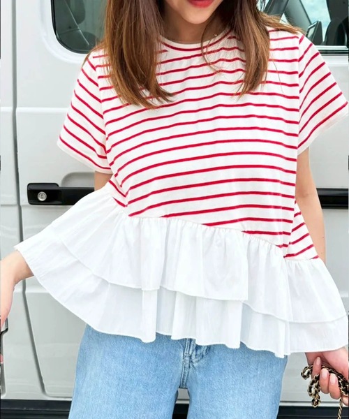 tシャツ アシンメトリーボーダーフリルTシャツ レディース セール】アシンメトリーボーダーフリルTシャツ（Tシャツ