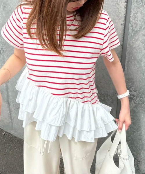 tシャツ アシンメトリーボーダーフリルTシャツ レディース セール】アシンメトリーボーダーフリルTシャツ（Tシャツ