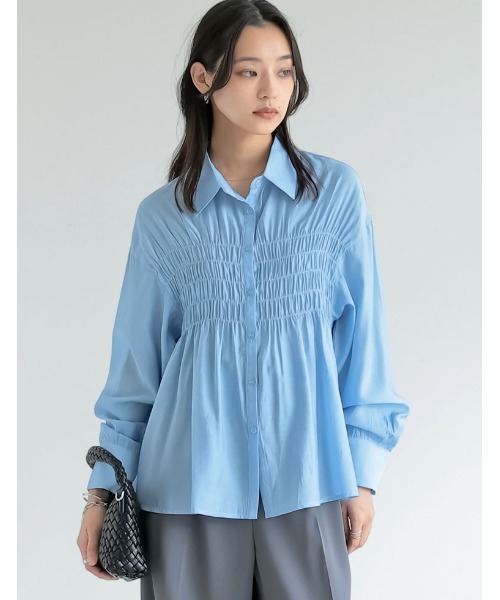 Re:EDIT(リエディ)の「シャーリングデザインシアーシャツ(Tシャツ/カットソー・レディース・ブラック/アイボリー/ブルー/イエロー・MEDIUM/LARGE)」の3枚目の写真