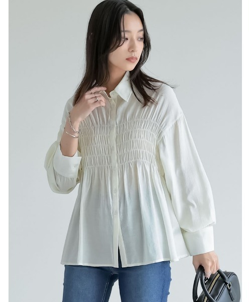 Re:EDIT(リエディ)の「シャーリングデザインシアーシャツ(Tシャツ/カットソー・レディース・ブラック/アイボリー/ブルー/イエロー・MEDIUM/LARGE)」の1枚目の写真