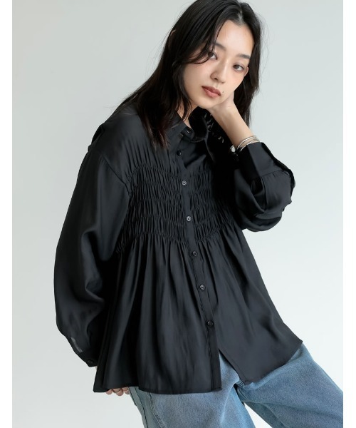 Re:EDIT(リエディ)の「シャーリングデザインシアーシャツ(Tシャツ/カットソー・レディース・ブラック/アイボリー/ブルー/イエロー・MEDIUM/LARGE)」の12枚目の写真