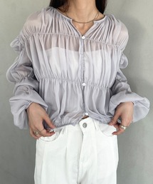フリルシャーリングシフォンショートブラウス