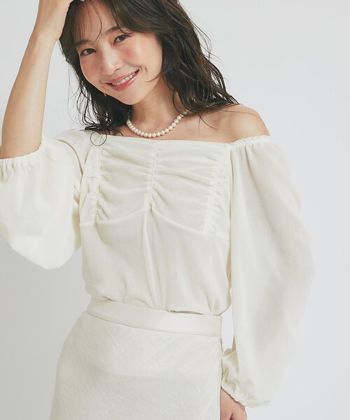 tシャツ 「KAZUMI監修カラーあり」フロッキーチュールギャザースリーブカットソー レディース セール】【KAZUMI監修カラーあり】フロッキーチュールギャザー