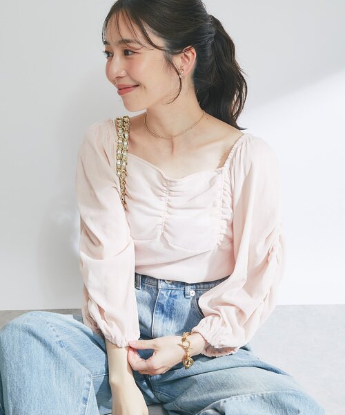 tシャツ 「KAZUMI監修カラーあり」フロッキーチュールギャザースリーブカットソー レディース セール】【KAZUMI監修カラーあり】フロッキーチュールギャザー