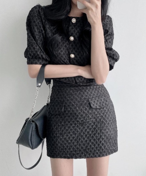FREE STYLISTS（フリー スタイリスト）の「YUGA_YGMC Volume sleeve jacket + tight skirt set（ワンピース・レディース・ブラック/ホワイト・M/S）」の14枚目の写真