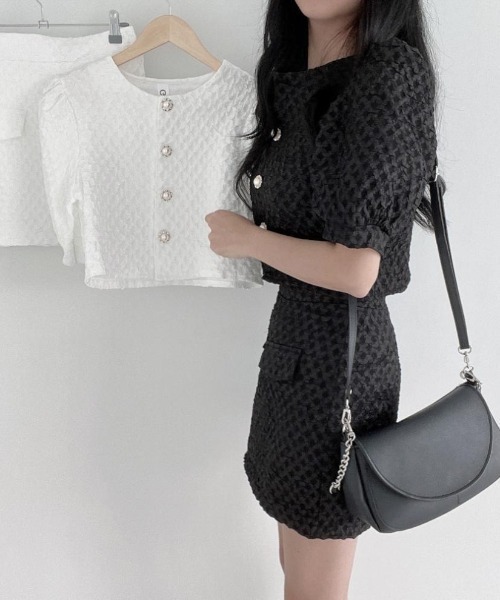 FREE STYLISTS（フリー スタイリスト）の「YUGA_YGMC Volume sleeve jacket + tight skirt set（ワンピース・レディース・ブラック/ホワイト・M/S）」の22枚目の写真