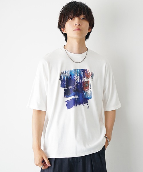 MinoriTY（マイノリティ）の「【MinoriTY】ソフトタッチ×厚手仕立てドルマンシルエットアブストラクトペインティンググラフィックTシャツ 半袖Tシャツ メンズ 夏服（Tシャツ/カットソー・メンズ・スミクロ/オフホワイト・L/M/S）」の7枚目の写真