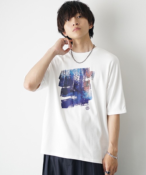 MinoriTY（マイノリティ）の「【MinoriTY】ソフトタッチ×厚手仕立てドルマンシルエットアブストラクトペインティンググラフィックTシャツ 半袖Tシャツ メンズ 夏服（Tシャツ/カットソー・メンズ・スミクロ/オフホワイト・L/M/S）」の8枚目の写真