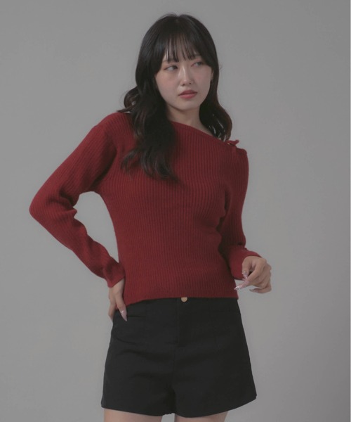 Chick(チック)の「Boatneck Design Knit/ボートネックデザインニット(ニット/セーター・レディース・ホワイト/レッド/ブラック・FREE)」の1枚目の写真