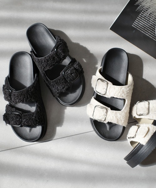 セール】もこもこボアサンダル/ダブルベルト厚底コンフォートサンダル