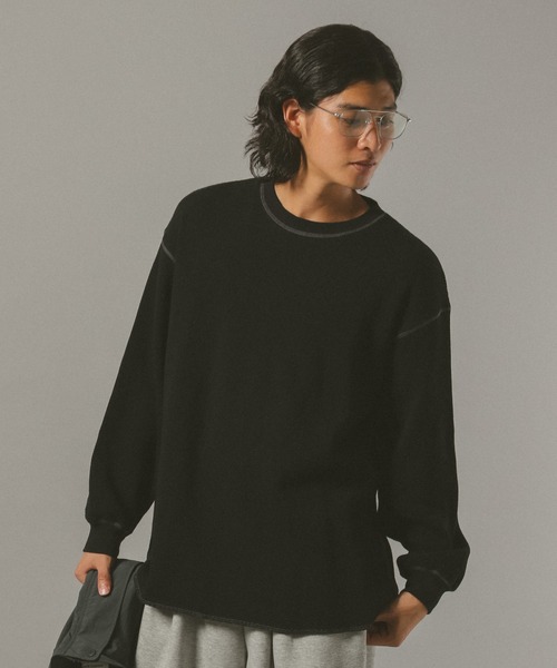 RAGEBLUE(レイジブルー)の「WAFFLE STITCH LONG SLEEVE CUTSEW / ワッフルステッチロンT(Tシャツ/カットソー・メンズ・ブラック/オフホワイト・FREE)」の2枚目の写真