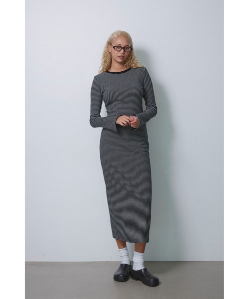 セール】Striped Long Sleeve Dress /カップ付きストライプロング