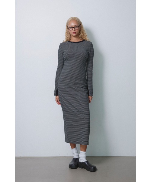 セール】Striped Long Sleeve Dress /カップ付きストライプロング