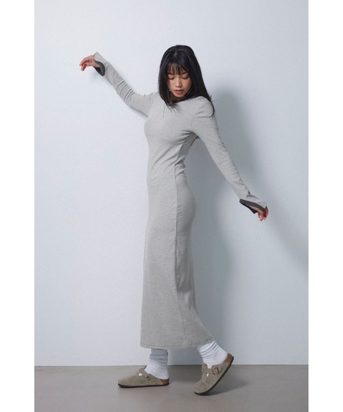 セール】Striped Long Sleeve Dress /カップ付きストライプロング