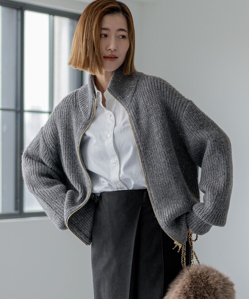 セール】【洗える】スパンコールバルキー ダブルジップ ニットブルゾン