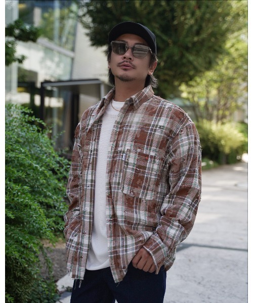 #Re:room(リルーム)の「ビンテージクラッシュチェックビックシャツ(シャツ/ブラウス・メンズ・ベージュ/ライトグリーン・S-M/M-L)」の9枚目の写真