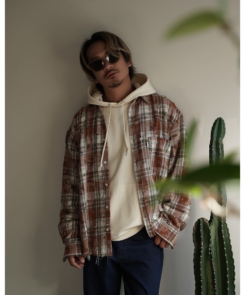 #Re:room(リルーム)の「ビンテージクラッシュチェックビックシャツ(シャツ/ブラウス・メンズ・ベージュ/ライトグリーン・S-M/M-L)」の3枚目の写真