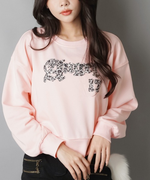 SPINNS（スピンズ）の「裏毛スウェット/ヒョウ柄貼り付けロゴ/レオパード（スウェット・レディース・ネイビー/ピンク/ブラック/杢グレー・ONESIZE）」の4枚目の写真